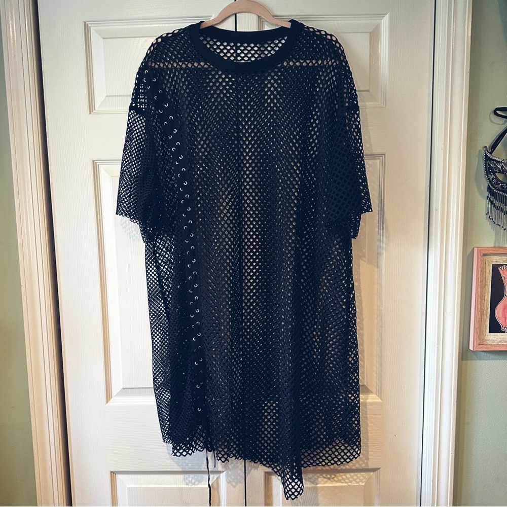 NWOT FISHNET DRESS WITH LACE UP DETAIL